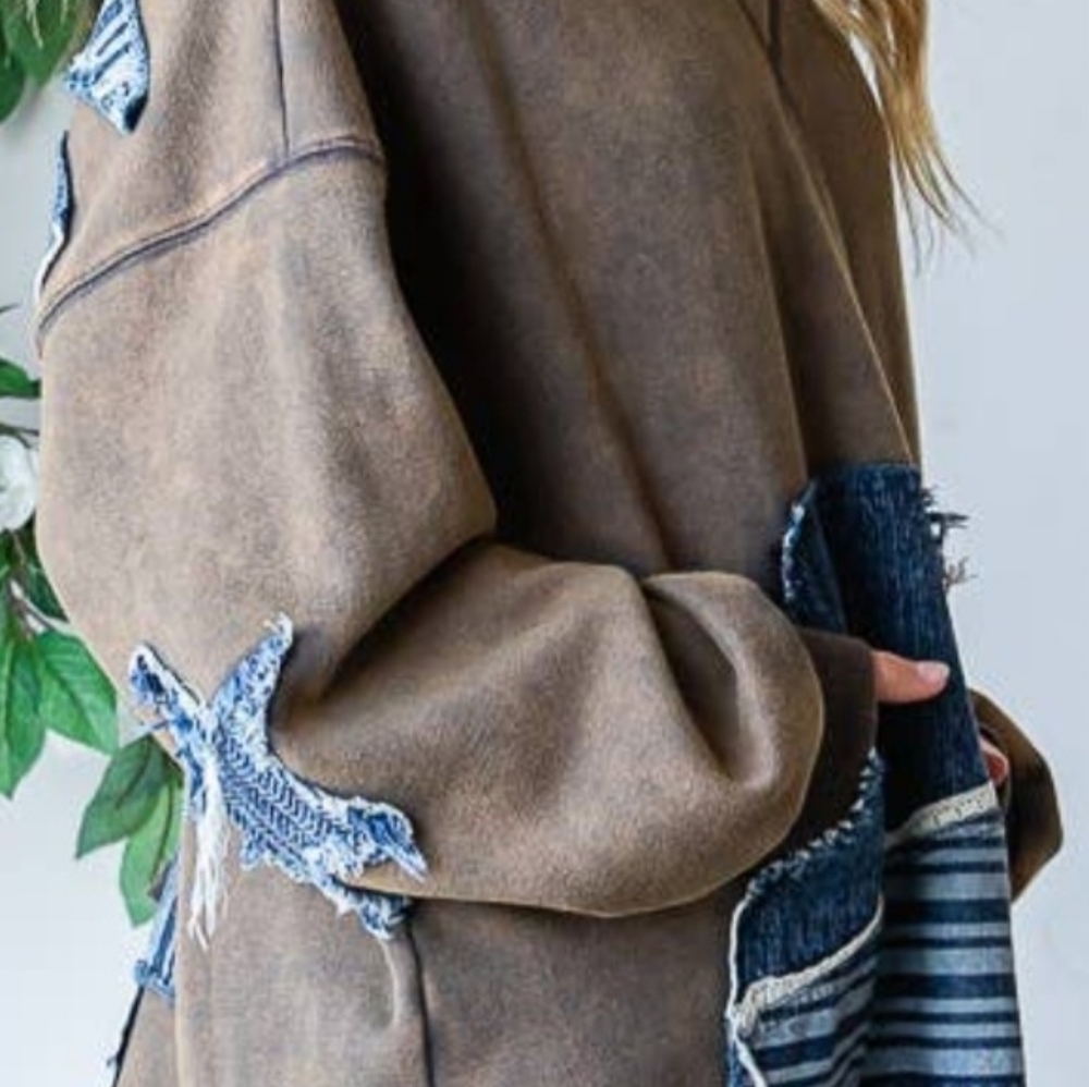 OLI & HALI Hoodie w/Denim Star Patchwork, EUC, S(Overszd), Cute+Comfy🤎🩶💙 - Picture 3 of 16